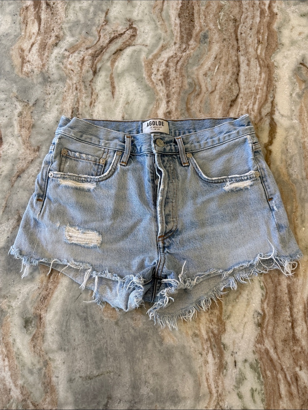 Agolde Light Wash Distressed High-Rise Jean Shorts size 24